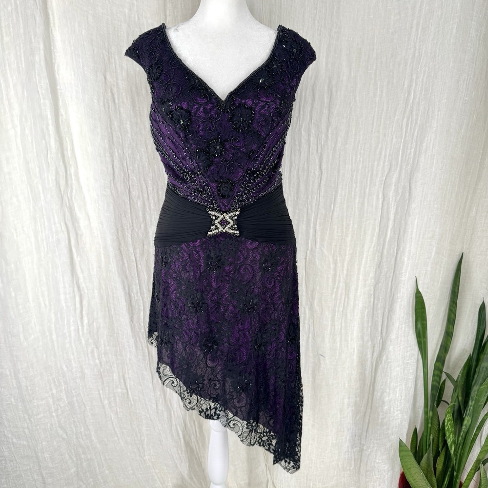Vtg Y2K Lace Beaded Whimsigoth Dress S Fairy Grunge Sheer Asymmetric Hoco Formal